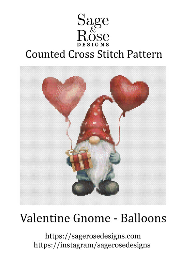 Counted cross stitch - Valentines Gnome - Balloons - PDF instant download - Image 2