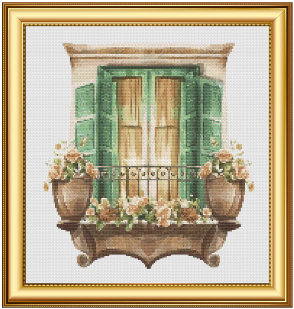 Floral Arcitecture - Green Shutters - PDF Cross Stitch Pattern